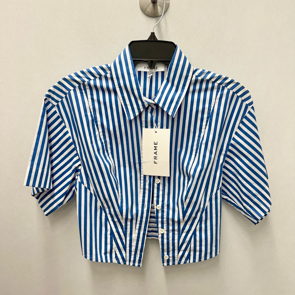 NWT FRAME blue/white strip top (crop-button front - back cinched waist XXS💜